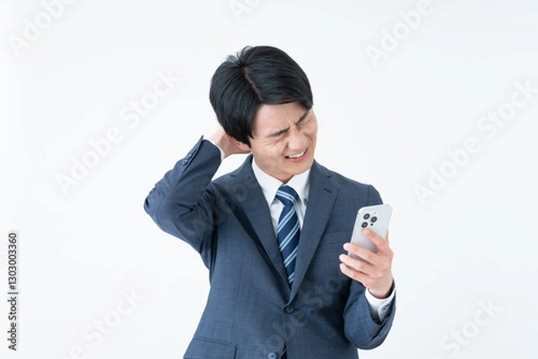 Fototapeta スマホで悩む若いビジネスマン