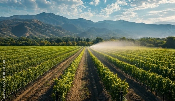 Fototapeta Vineyard sprinkler system in action, located at the foot of mountains. A vineyard with rows of grapevines being watered