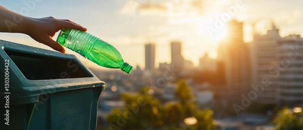 Fototapeta Banner with background. A hand throwing a plastic bottle into the correct recycling bin, blurred cityscape in the background, bright and engaging composition.