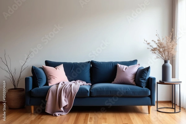 Fototapeta Modern interior design features a minimalist living room layout with a navy blue sofa, plush cushions, and honey-brown wood flooring, enhancing warmth and simplicity.