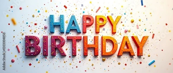 Fototapeta bright and colorful happy birthday text with confetti explosion and party streamers