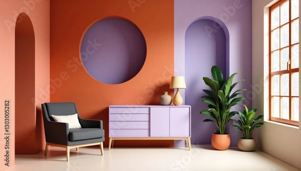Fototapeta A modern, minimalist interior design with a vibrant color palette, featuring deep coral, lavender, and cream walls, arched doorway, a charcoal gray armchair and natural light.