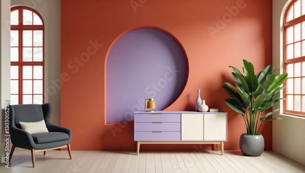 Fototapeta A modern, minimalist interior design with a vibrant color palette, featuring deep coral, lavender, and cream walls, arched doorway, a charcoal gray armchair and natural light.