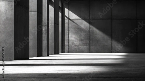Fototapeta A minimalist interior space with concrete walls and dramatic light and shadow interplay.