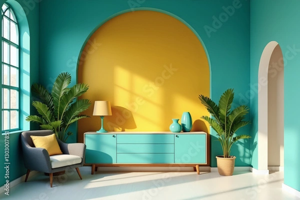 Fototapeta A modern, minimalist interior design with a striking combination of rich turquoise, warm golden yellow, and crisp white walls, arched doorway, and a mid-century modern sideboard.