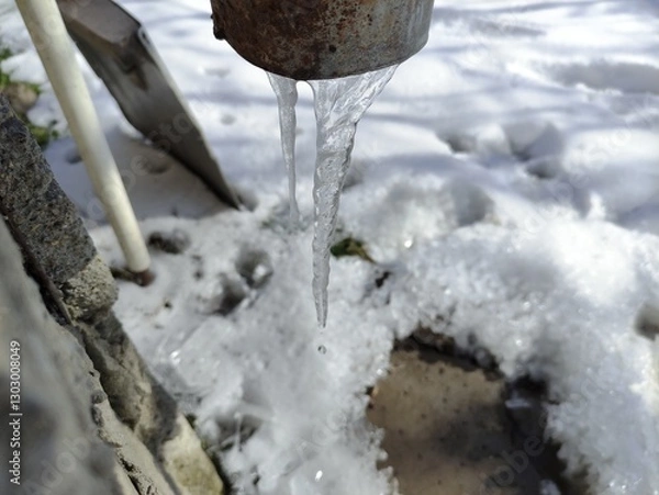 Obraz Icicle hangs under a drainpipe of a house