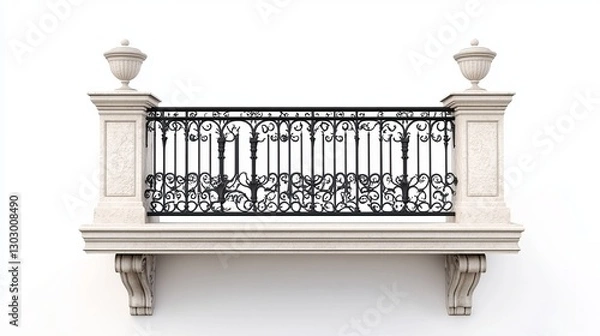 Fototapeta Black wrought iron railings with stone pillars in an Art Nouveau style. A vintage-inspired balcony design rendered in 3D and set against a white background. 