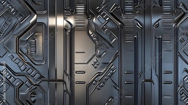 Fototapeta Seamless Futuristic Brushed Metal Panel Pattern with Embossed Technical Details long title Seamless futuristic brushed metal panel pattern with