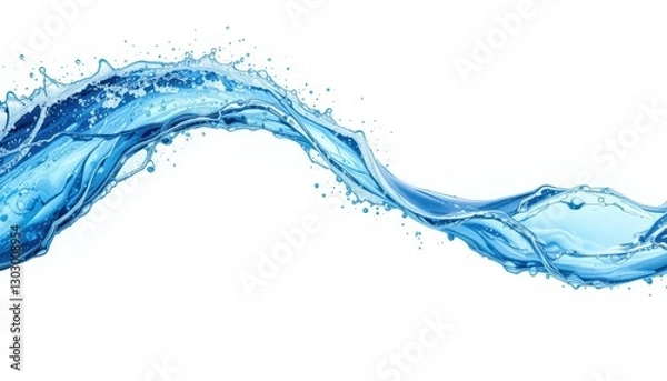 Fototapeta Dynamic Flow of Clear Water with Splashing Droplets on White Background for Creative Visuals and Designs