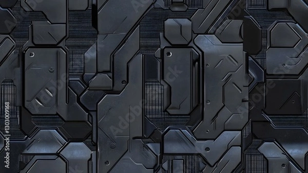 Fototapeta Seamless Futuristic Metal Panel Pattern with Embossed Engineering Details