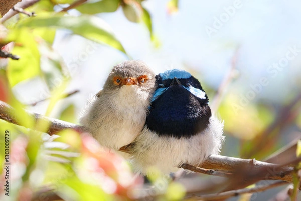 Fototapeta Ein Prachtstaffelschwanz-Paar kuschelt sich auf einem Zweig aneinander