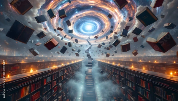 Fototapeta Surreal Library with Floating Books and Cosmic Vortex