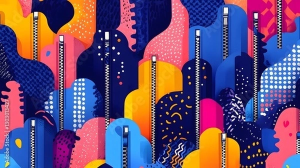 Fototapeta Flat illustration of National Zipper Day, featuring a playful scene of zippers opening to reveal colorful patterns and textures, with a harmonious blend of vibrant and soft tones
