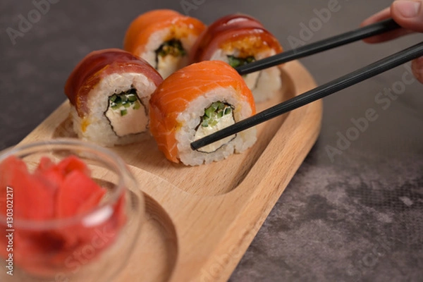 Obraz Set of sushi roll with rice and fish on wooden serving board. Chopsticks holding sushi roll. Close up. Dark black texture background with copy space. Japan menu. Asian food