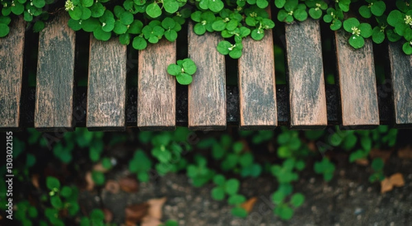 Fototapeta Close-up view of wooden slats featuring intricate textures and surrounded by vibrant green plants creating a natural atmosphere