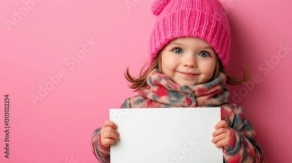 Fototapeta A charming little girl in a colorful outfit smiles brightly while holding a blank sign against a soft pink backdrop