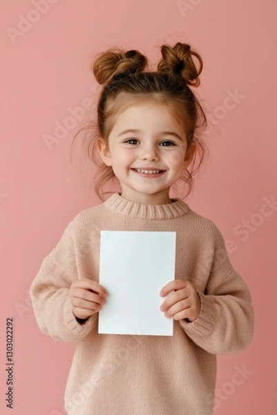 Fototapeta A cheerful young girl is smiling while holding a blank white book against a soft pink background. 