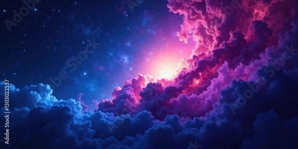 Fototapeta A Celestial Canvas Vivid Hues of Purple and Blue Clouds Illuminated by a Radiant Light Above a Starry Night Sky