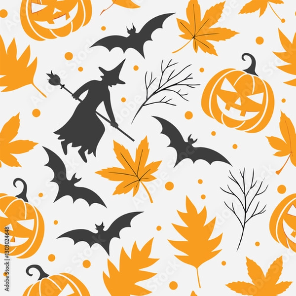 Fototapeta Halloween seamless pattern with witch silhouette, bats, pumpkins, orange leaves and bare branches on a white background