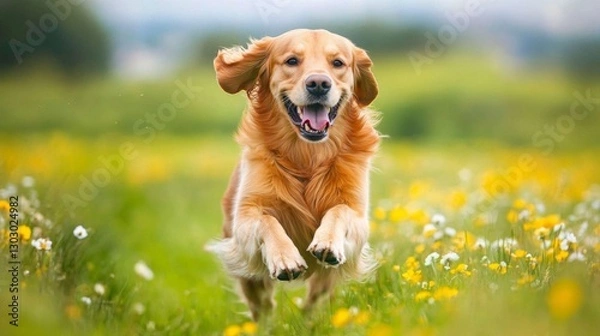 Fototapeta Golden retriever running through a field of flowers, sunny day, joyful and energetic