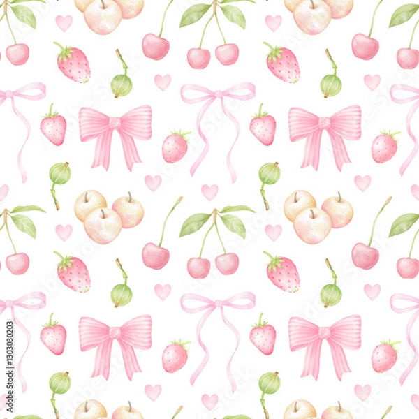 Fototapeta strawberry, raspberry, cherry, apples, bow. Watercolor seamless pattern in pastel colors. Cute fruit illustration for children's textiles