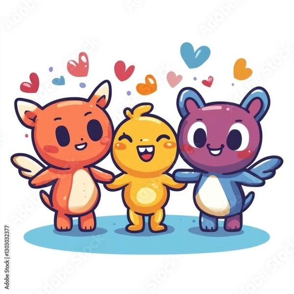 Obraz multiple mascots, trying to collaborate with each other, vector style isolated background