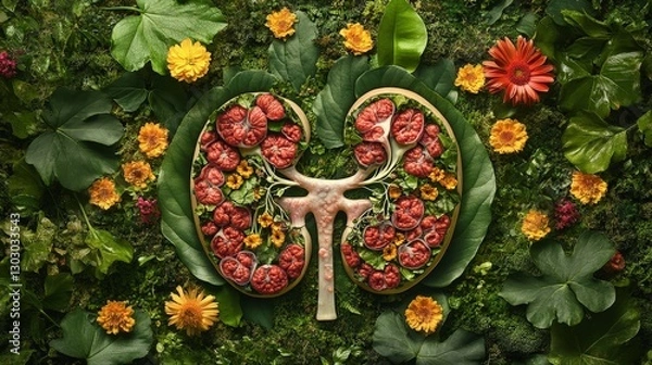 Obraz kidney organ against the background of flowers and herbal. Selective focus.