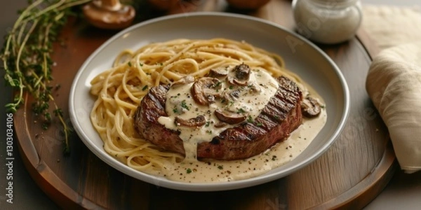 Fototapeta Seared Garlic Butter Steak  Mushroom Cream Sauce