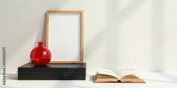 Fototapeta Simple Still Life Featuring a Blank Frame, Stack of Books, and Red Vase