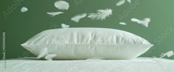 Fototapeta A white pillow with floating feathers above it on a soft bed, symbolizing comfort, relaxation, and sleep, in a calm, serene bedroom setting.