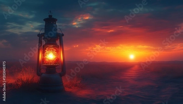 Fototapeta Vintage Lantern Glowing Warmly Against a Stunning Sunset in a Tranquil Landscape