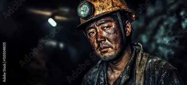 Fototapeta Asian miner with dirt on his face in a dark setting.