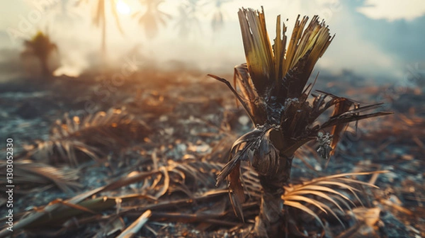 Fototapeta Dramatic image of partially burned palm tree engulfed in flames, with smoke rising in the background, symbolizing wildfire destruction, climate crisis, and environmental disaster in tropical forests.