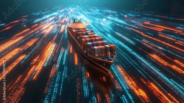 Obraz Digital Seafaring: Container Ship Navigating a Data Stream