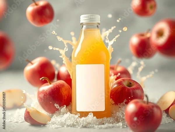 Fototapeta Fresh Apple Juice Bottle with Blank Label Styled with Lively Apple Splashes for Vibrant Mockup
