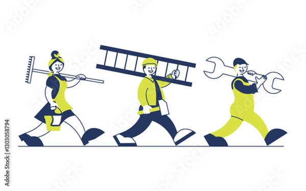 Obraz Professional male and female repair workers are walking and carry tools