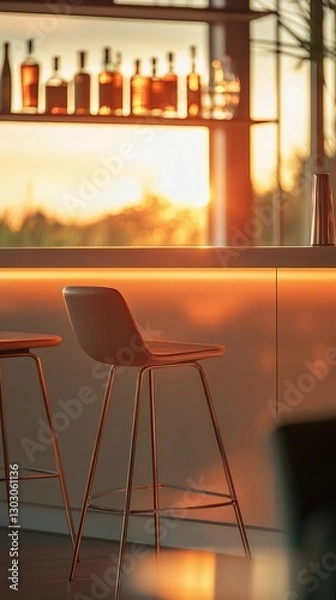 Fototapeta Stylish bar stool near the bar counter. In the background in blur bottles with drinks on glass shelves. Warm lighting. Vertical. Concept relaxation