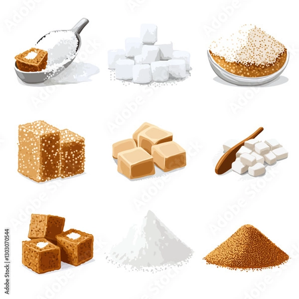 Fototapeta Various Types of Sugar, Granulated, Cubes, and Brown Sugar Illustration