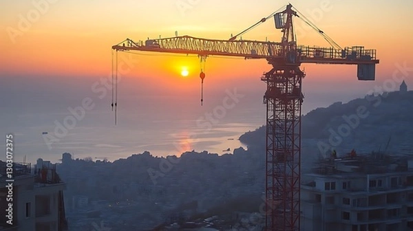Fototapeta Construction crane at sunset overlooking coastal city skyline with ocean view in background