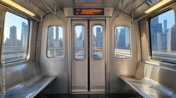 Obraz Inside a train, angle focusing on the doors with a view of the cityscape through the windows, natural light