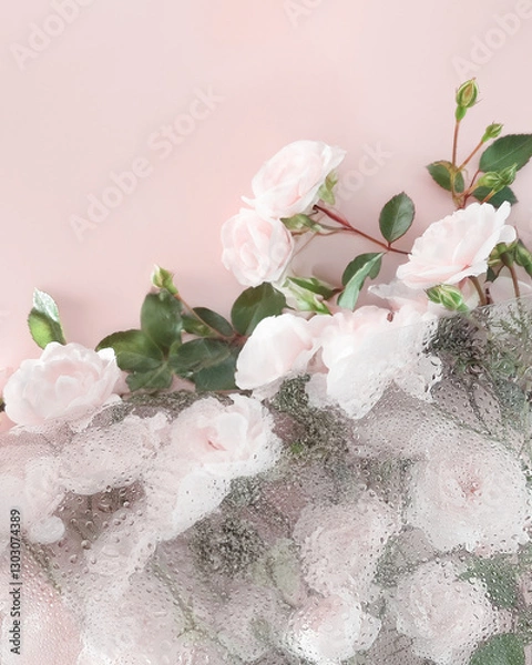 Obraz Beautiful Delicate Pink Roses with a Soft Sheer Fabric Background, Perfect for birthday, womens day, mothers day, valentines day or valentine card