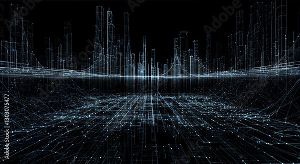 Fototapeta "A complex network of glowing wireframe structures forming an abstract futuristic cityscape. Ultra HD, high detail, dark background."