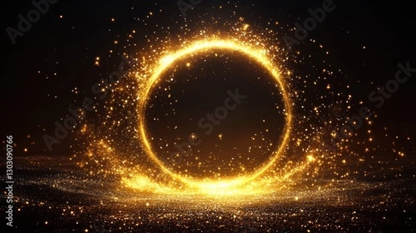 Fototapeta Glowing golden circle with sparkling particles on dark background