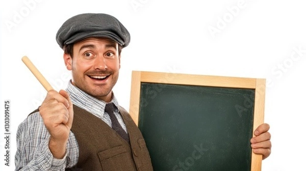 Fototapeta Happy Teacher Holding Chalkboard with Pointer in Studio Setting