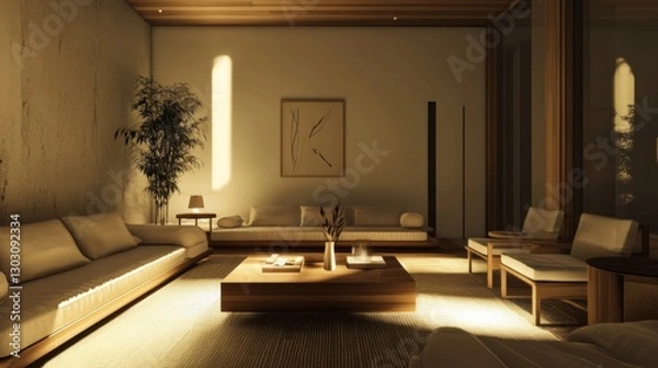 Fototapeta A cozy minimalist living room with neutral tones, simple wooden furniture, soft lighting, and an open, airy design that feels warm and inviting.