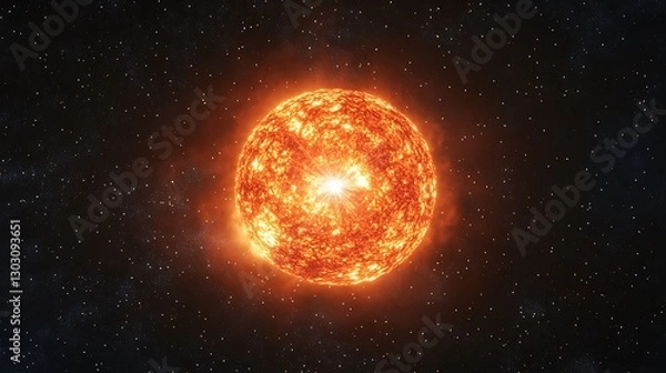 Fototapeta A fiery red supergiant star glowing intensely in the void of space