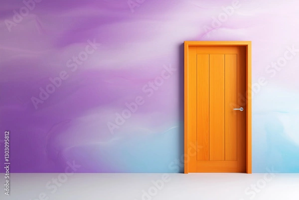 Fototapeta orange door stands against vibrant purple wall, creating striking visual contrast. smooth textures and colors evoke sense of modern design and creativity