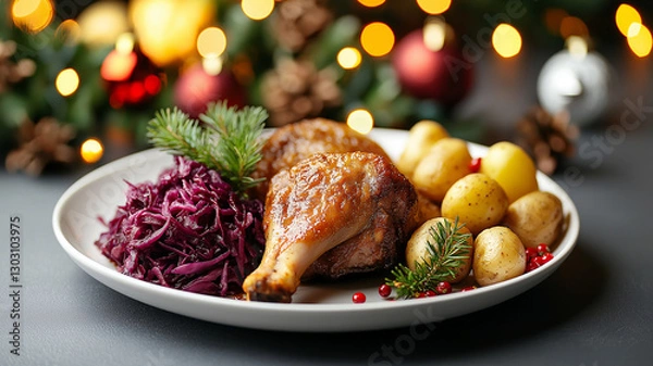 Fototapeta Delicious deep fried duck leg served with red cabbage and baby potatoes, garnished with festive greenery, perfect for holiday celebrations