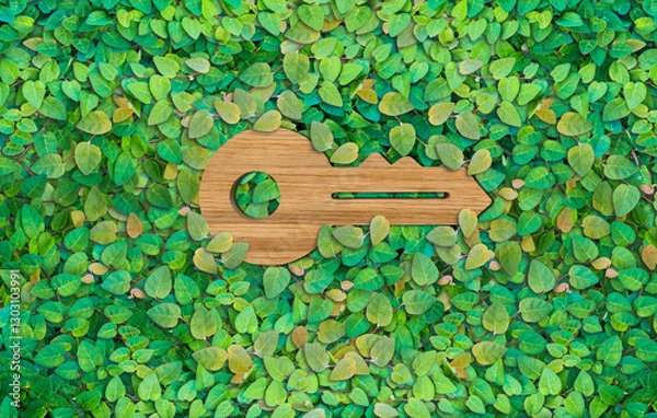 Fototapeta Key to Sustainability: Wooden Key Symbol on Green Leaf Background