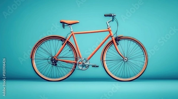 Fototapeta Vibrant orange bicycle, teal backdrop, simple elegance.